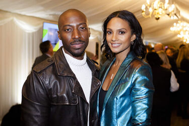 Alesha Dixon fashions a shiny turquoise jacket as she and boyfriend Azuka Ononye support Graduate Fashion Week London