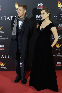 Pregnant Marion Cotillard leans in to speak to Brad Pitt as the pair promote their new film Allied in Madrid Spain