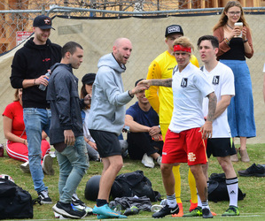 Justin Bieber playing football in a park in Playa Del Rey.