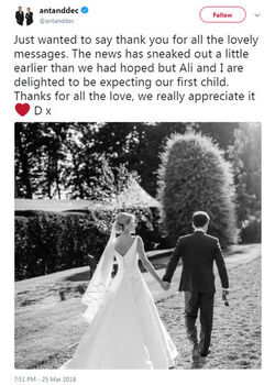 Declan Donnelly and Ali Astall expecting first baby together.