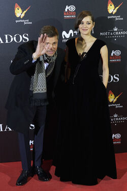 Pregnant Marion Cotillard leans in to speak to Brad Pitt as the pair promote their new film Allied in Madrid Spain