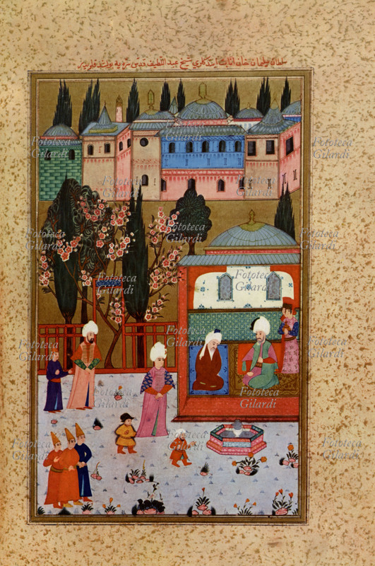 SOLIMANO I (1494-1566) detto il Magnifico riceve un personaggio mistico di passaggio a Istanbul. Miniatura turca dal \