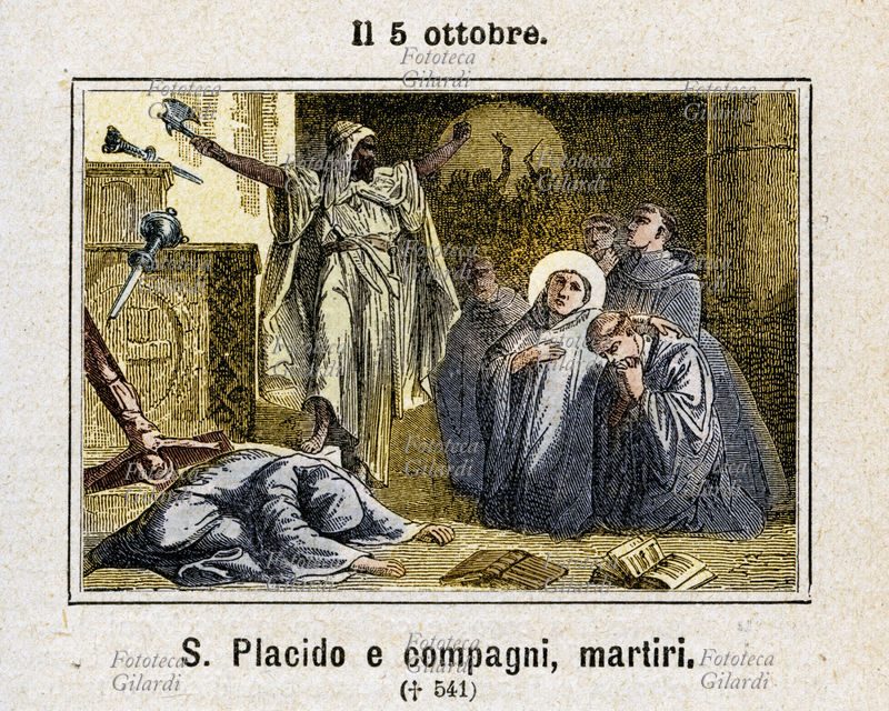 SAN PLACIDO (515 - 5 ottobre 541) monaco italiano, seguace di Benedetto da Norcia, di cui era il principale discepolo insieme a Mauro. Inviato a Messina per fondare il primo monastero benedettino in Sicilia, secondo un biografo avrebbe subito il martirio per mano dei pirati saraceni a causa della fede, insieme alla sorella Flavia, ai fratelli Eutichio e Vittorino e a circa trenta monaci; tuttavia questa circostanza non trova supporto storico. Commemorazione il 5 ottobre, giorno della morte (Dies Natalis, nascita al cielo). Incisione colorata, Italia 1886