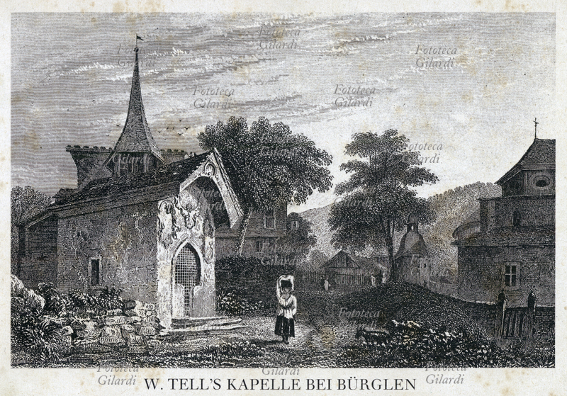 SVIZZERA Cappella di Guglielmo Tell nei pressi di Bürglen (Uri) Svizzera Tedesca, villaggio elvetico con capre al pascolo, una paesana porta un cesto sul capo. Incisione, XIX secolo