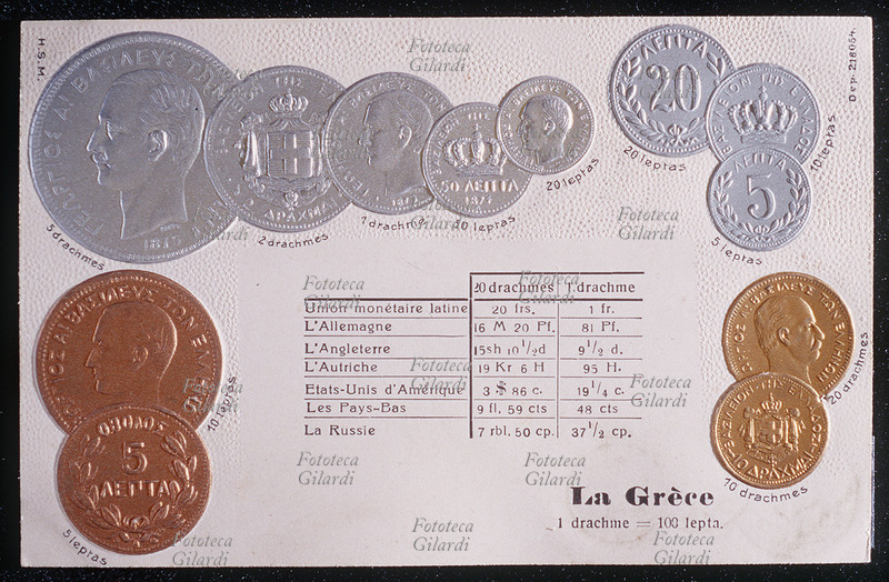 MONETE in corso in Grecia: Drachma, Lepta. (1 drachma=100 lepta). Cromolitografia su carta goffrata dalla serie \