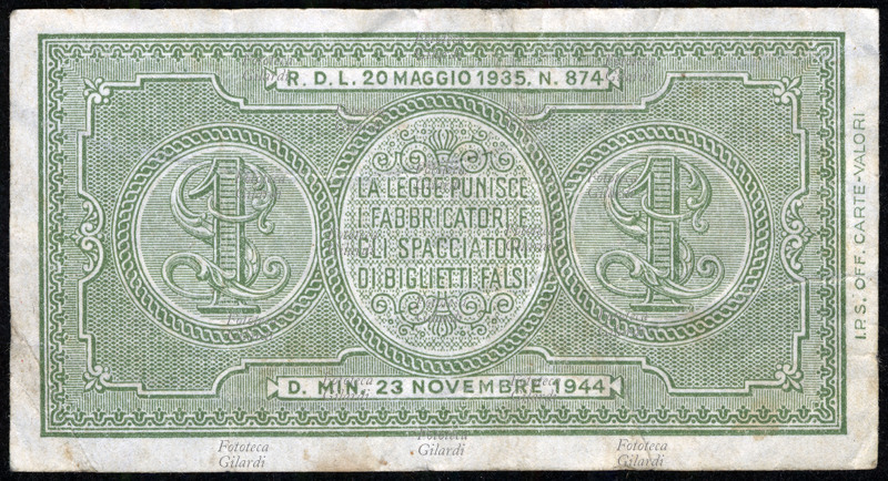 BANCONOTE Biglietto di Stato a corso legale: Una Lira. Retro, Ministero del tesoro, R.D.L. 20 maggio 1935, D. Min. 23 novembre 1944