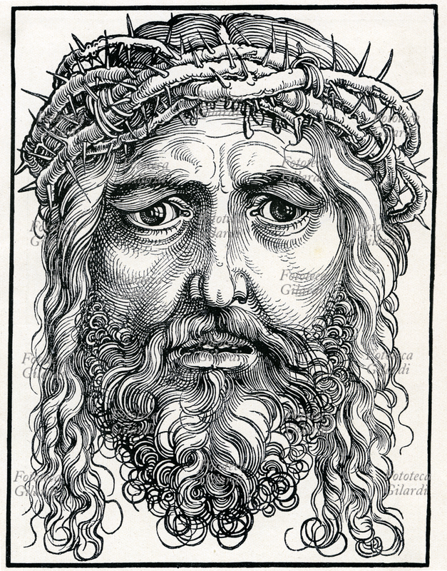 CRISTO Volto incoronato di spine. Incisione xilografica di Hans Sebald Beham (1500 - 1550) su disegno di Albrecht Durer. Germania, XVI secolo