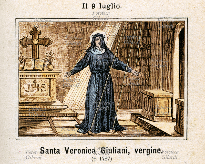 Santa VERONICA GIULIANI (December 27, 1660 - July 9, 1727), to the Orsola century; Clarissa cappuccina, a seraph of love to Jesus in Sacramento, mystery and mysticism, venerated as a saint by the Catholic Church. Commemoration on July 9, the day of death (Dies Natalis, birth in the sky). Colored Etching, Italy 1886