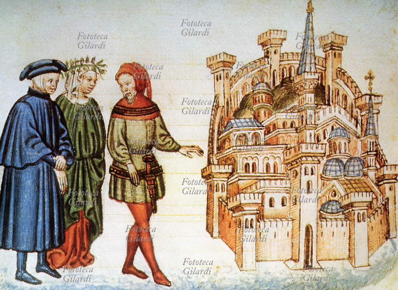 DIVINA COMMEDIA Cacciaguida degli Elisei (1090 o 1091 circa – 1148 circa), trisavolo di Dante, parla di Firenze a Dante (14 maggio/13 giugno 1265 – notte tra il 13 e il 14 settembre 1321) e Beatrice (1265/66 – 8 giugno 1290) in Paradiso XVII, 48. Dante racconta l’incontro del suo antenato durante il viaggio nel Paradiso, traversando il cielo di Marte che ospita le anime dei combattenti per la fede. Attraverso le parole di Cacciaguida, Dante ci offre una importante testimonianza storica oltre che letteraria, sulla famiglia Alighieri e sulla Firenze del XII secolo, con i suoi cambiamenti sociali e politici. Miniatura tratta da un\