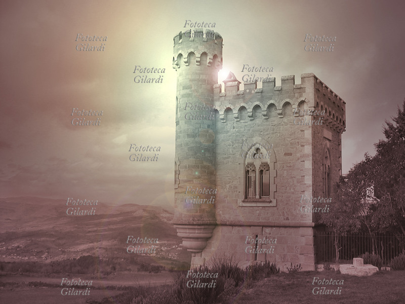 TORRE MAGDALA (dedicata a Maddalena) fatta costruire dal parroco Don Berènger Saunière (1852-1917) a Rennes le Château nei primi anni del 1900. Intorno a questo edificio e nei dintorni sono celati alcuni misteri ancora insoluti tramandati nella storia, che riconducono al mito del Graal e alla discendenza di Gesù Cristo che si indentificherebbe nella dinastia dei Merovingi. Computergrafica di Elena Piccini, 2006