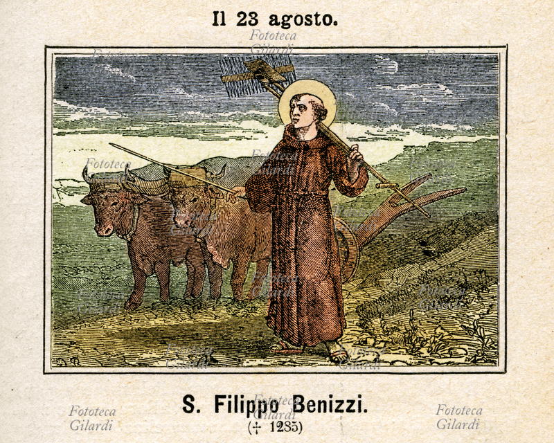 SAN FILIPPO BENIZZI (August 15, 1233 - August 23, 1285) an Italian religious and presbyter of the Order of the Servants of Mary; Of noble origins and scholar, doctor in medicine and philosophy, heard the call while already practicing as a physician in Florence. The General Prior of Monte Senario, San Buonfiglio Monadi, admitted it to the Order of the Servants of Mary as a simple lay brother, so that humility began his spiritual journey, and for the first five years the small community worked hard. In 1258 the Prior promoted him to sacred orders, and carried out his duties with such capacity and correctness that in 1267 he was elected Superior General of the Order, thus dealing with the drafting of the rules and the constitution of the Servants of Mary. Pope Clement X proclaimed it holy in 1671. Commemoration on August 23, the day of death (Dies Natalis, birth to heaven). Colored Etching, Italy 1886