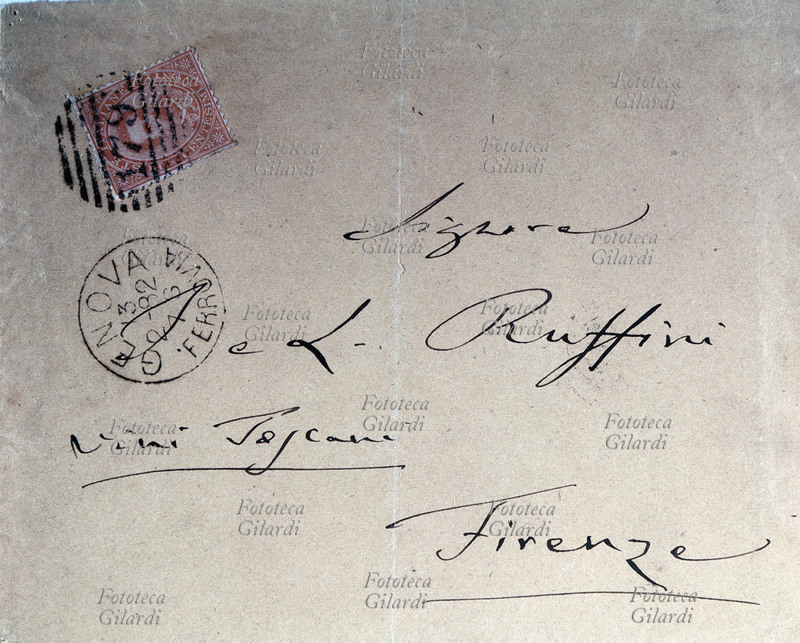 VINO Giuseppe Verdi (10 ottobre 1813 – 27 gennaio 1901), scrive al vinaio Ruffini di Firenze per pagare una fattura; la busta è affrancata con un francobollo, annullato, che riproduce l\