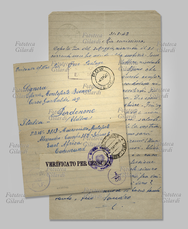 POW Prisoner Of War - Post free Postage - maresciallo Alessandro Monteforte, campo 352 Sezione B East Africa, Command - verificato per Censura. Lettera inviata ai familiari a Pordenone (Italia) da internato nel campo di prigionia militare Camp 352 Naivasha Kenya. La corrispondenza porta sulle buste i timbri attestanti il superamento dei controlli della censura, e dalle prime righe si intuisce la difficoltà nello scambio epistolare: la lettera è datata 31 agosto, e lo scrivente inizia con "Mia carissima, dopo la tua del 3 maggio, ricevuta il 21 corrente, non ho avuto altre notizie...". Italia, 1942.