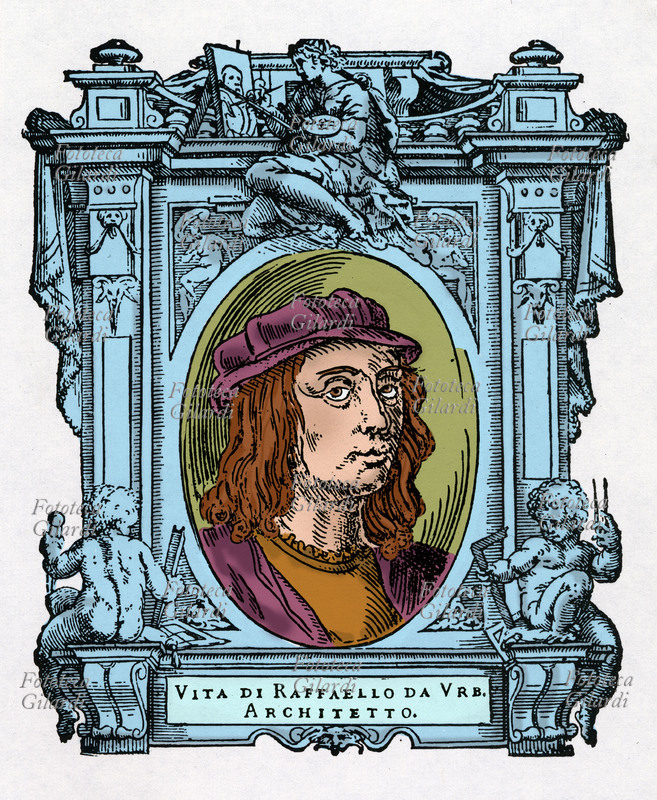 RAFFAELLO SANZIO, (28 marzo o 6 aprile 1483 – 6 aprile 1520), pittore ed architetto urbinate, fra i più celebri del Rinascimento italiano. Il ritratto è racchiuso in una cornice decorata con figure allegoriche e strumenti delle arti. Illustrazione colorizzata su base xilografica del XVI secolo, dal trattato \