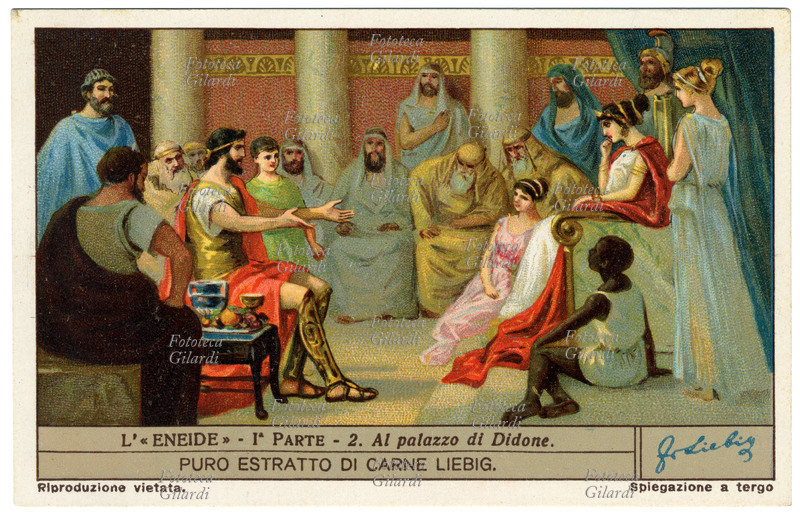 ENEIDE Enea al palazzo di Didone. Arrivato a Cartagine viene ricevuto dalla regina sontuosamente. Durante una festa in suo onore egli racconta in modo commovente, la presa di Troia e le sue peregrinazioni dopo la caduta della città. Cromolitografia, figurina Liebig, Italia 1930, prima parte, n. 2.
