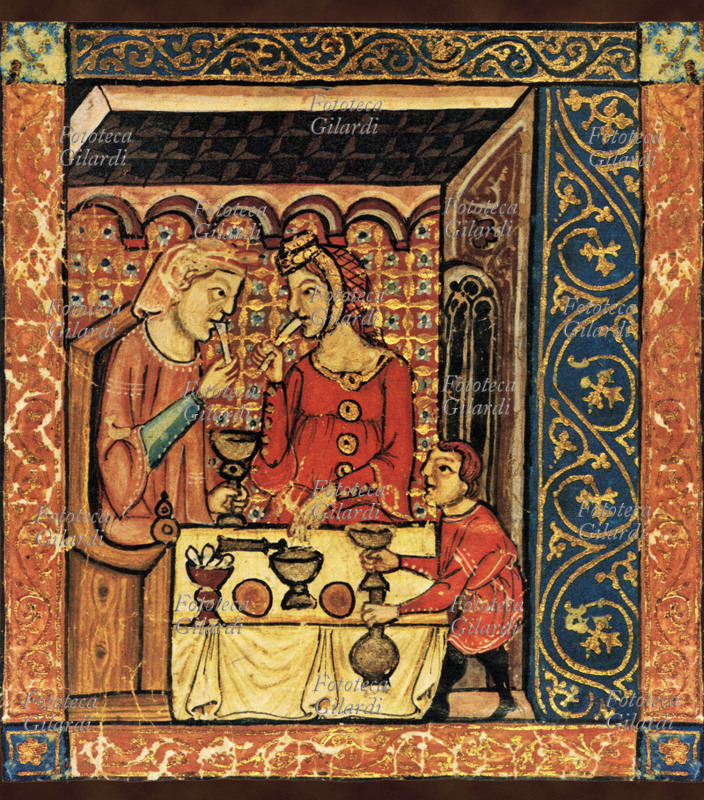 EBRAISMO Ebrei spagnoli a pranzo, con un servo. Stampa facsimile XIX secolo da miniatura su manoscritto del 1330