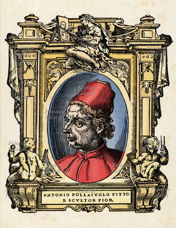 ANTONIO DEL POLLAIOLO (1431 circa - 4 febbraio 1498), pseudonimo col quale è meglio noto Antonio Benci, pittore, scultore e orafo italiano. Artista poliedrico, la sua stimata bottega fiorentina era in diretta concorrenza con quella di Andrea del Verrocchio. Il ritratto in ovale è racchiuso in una cornice decorata con figure allegoriche e strumenti delle arti. Illustrazione colorizzata su base xilografica del XVI secolo, dal trattato \