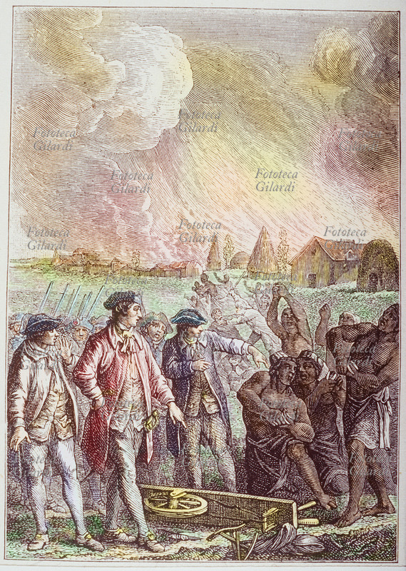 SCHIAVISMO ammutinamento e incendio del villaggio di schiavi neri al lavoro nelle colonie francesi della Guyana (America del Sud) XVIII secolo. Incisione da trattato di storia, 1873