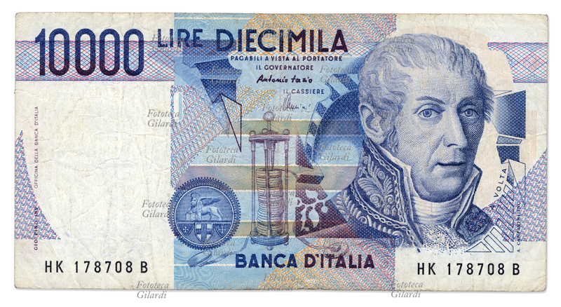 MONETE Banconota da Diecimila 10.000 Lire, fronte sul quale è raffigurato il ritratto di Alessandro Volta; in vigore in Italia dal 1984 al 1998