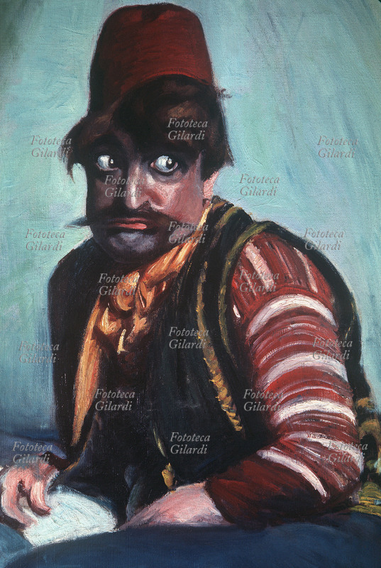 Ettore PETROLINI (13 gennaio 1884 – 29 giugno 1936), attore, cabarettista, cantante, drammaturgo, sceneggiatore, compositore e scrittore italiano nei panni di uno dei suoi personaggi. Dipinto di Paulo Ghiglia (5 marzo 1905 – 19 novembre 1979), Italia, XX secolo.