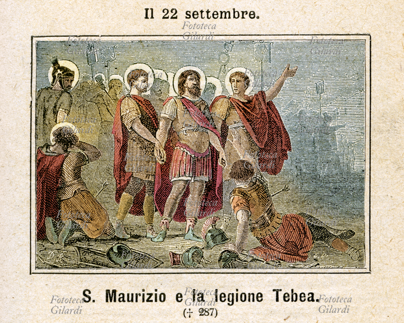 SAN MAURIZIO ( ? - 287 circa) militare romano. Capitano cristiano della Legione Tebea di Massimiano Erculeo, si rifiutò con i suoi uomini, correligionari, di partecipare ad una spedizione anticristiana in Gallia; per questo subirono il martirio nel Vallese durante la decima persecuzione di Diocleziano. Commemorazione il 22 settembre. Incisione colorata, Italia 1886