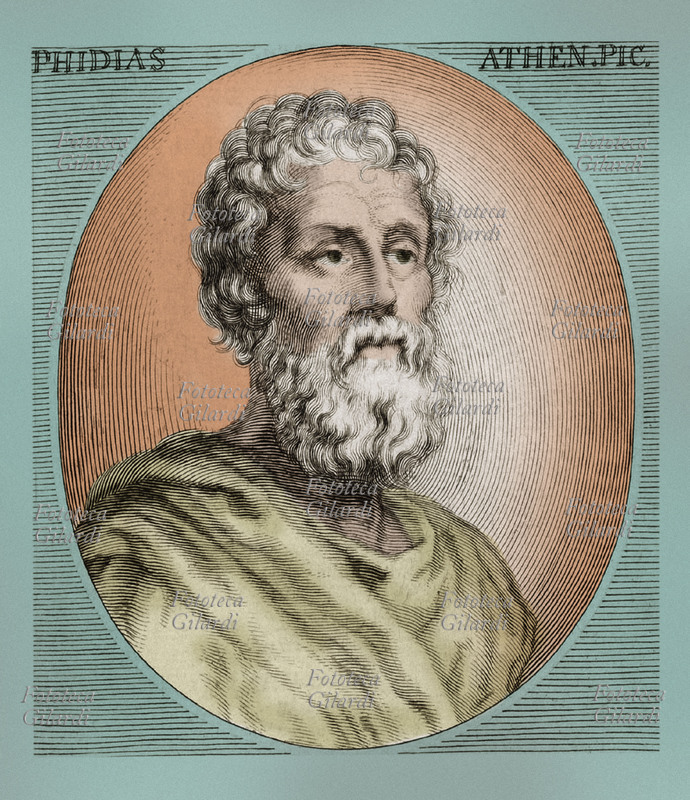 FIDIA o Phidia, (490 a.C. - ca. 430 a.C.) scultore, pittore e architetto greco. Stampa colorata del XVIII secolo