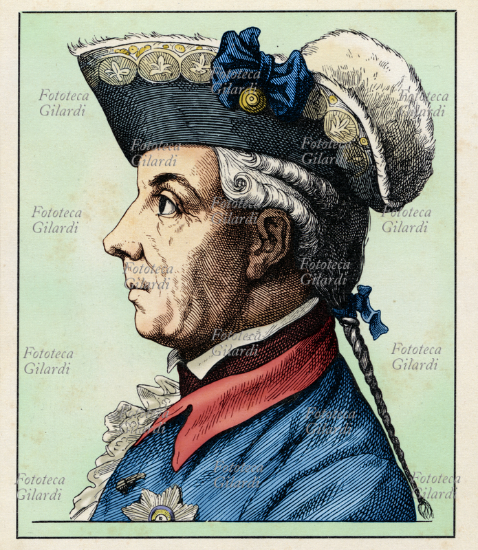 Federico ENRICO Luigi di Hohenzollern (18 gennaio 1726 - 3 agosto 1802), indicato comunemente col solo nome di Enrico di Prussia; generale prussiano, Principe di Prussia, prestò servizio come politico e generale durante il regno del fratello Federico II e nel 1786 fu tra i candidati per divenire re degli Stati Uniti. Fu consigliere dei successori di Federico il Grande: re Federico Guglielmo II e re Federico Guglielmo III di Prussia. Ritratto, versione colorata di una incisione di Hugo Bürkner (1818-1897), Germania 1854