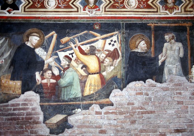 SAN NICOLA da Tolentino (1245 – 10 settembre 1305), al secolo Nicola di Compagnone, taumaturgo, interviene a placare la tempesta che sta sconquassando la nave di alcuni mercanti e salva un innocente impiccato ingiustamente. Sono due dei miracoli attribuiti al santo dopo la sua morte. Affresco dalle \