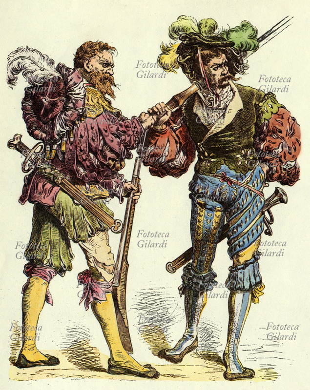 LANZICHENECCHI Two German mercenary soldiers from the 16th century. Print from the collection of illustrated plates "For the History of Clothing," published individually from 1861 to 1890 in the "Münchener Bilderbogen" by Braun & Schneider of Munich, later collected in a volume. Germany, 19th century.