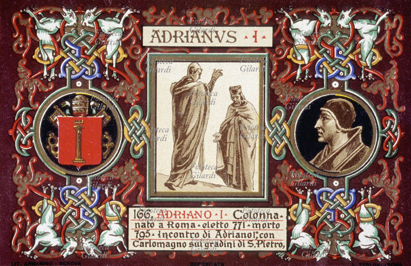 PAPA ADRIANO I Colonna (700-795), nato a Roma, eletto nel 771, incontra Carlo Magno sui gradini di San Pietro. Il re dei franchi riconosce i territori di pertinenza della chiesa sottratti dai Longobardi di re Desiderio, e si impegna a restituirli. Cartolina cromolitografica n. 166 dalla \