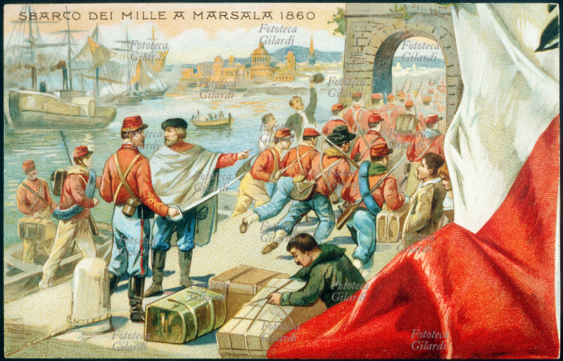 ITALIA Sbarco dei Mille a Marsala, 11 maggio 1860 . Serie di 10 (7/10) cartoline illustrate commemorative celebrano il 50° anniversario della proclamazione del Regno d\