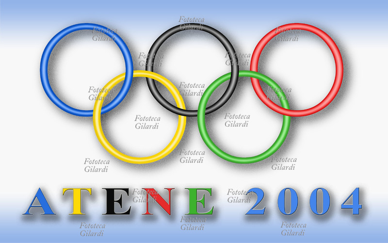 OLIMPIADI Atene 2004, gli anelli simbolo della competizione sportiva mondiale. I 5 anelli intecciati furono per la prima volta il simbolo delle Olimpiadi ad Anversa nel 1920 e simboleggiano i 5 continenti: blu Europa, giallo Asia, nero Africa, verde Oceania, rosso America. Atene 2004