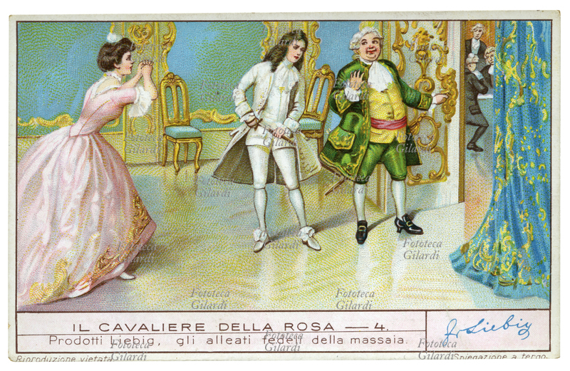 Richard STRAUSS (11 giugno 1864 – 8 settembre 1949) "Ottaviano sfida a duello il Barone Ochs", atto II da "Il cavaliere della rosa" (Der Rosenkavalier), commedia per musica in tre atti su libretto dello scrittore austriaco Hugo von Hofmannsthal, eseguita la prima volta il 26 gennaio 1911 alla Königliches Opernhaus di Dresda. Prodotti Liebig, gli alleati fedeli della massaia. Cromolitografia, figurina Liebig della serie "Il cavaliere della rosa", n. 4. Italia 1935