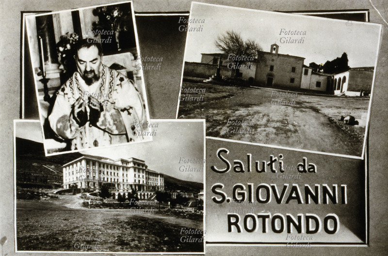 PADRE PIO da Pietrelcina (25 May 1887 – 23 September 1968), born Francesco Forgione; composition of various views from the convent of S. Giovanni Rotondo (Foggia), with a portrait of the friar during a mass. Postcard, S. Giovanni Rotondo, 1952.