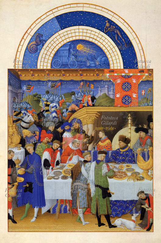 BANCHETTO Il duca di Berry a tavola. Stampa facsimile da miniatura illustrante il \