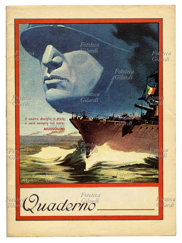 FASCISM school notebook cover illustrated the years of World War II, the illustration is fascist propaganda with quote aphorism \
