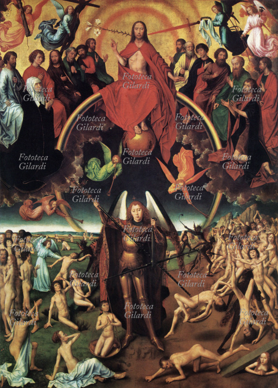 IL GIUDIZIO UNIVERSALE di Hans Memling (1435-1494), stampa facsimile dal dipinto, tavola centrale del Trittico di Danzica, 1466 - 1473