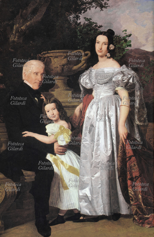Mathias KLAZMANN consigliere della principessa Esterhazy, ritratto con la figlia e la seconda moglie. Stampa facsimile da dipinto di Ferdinand G. Waldemueller (1793-1865) Vienna 1835