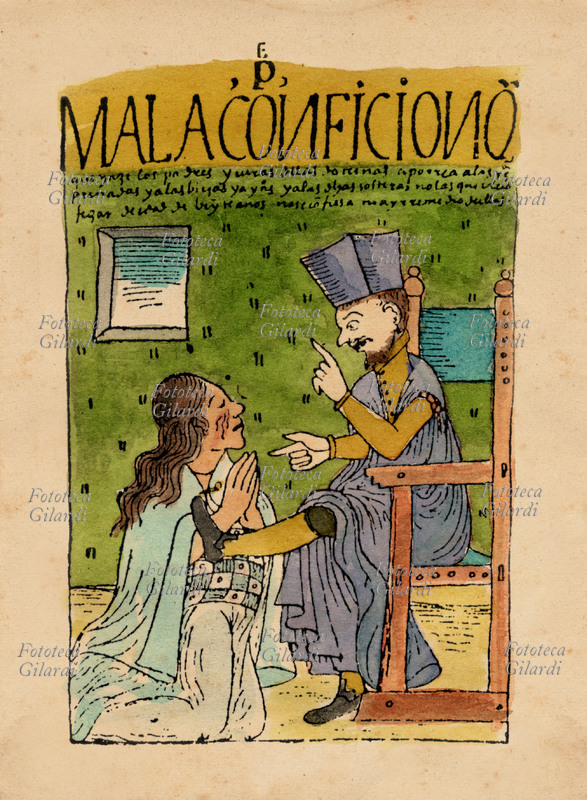 INCAS Umiliazione di un capo Inca da parte di un governatore spagnolo che pretende completa sottomissione. Disegno a inchiostro dal manoscritto \