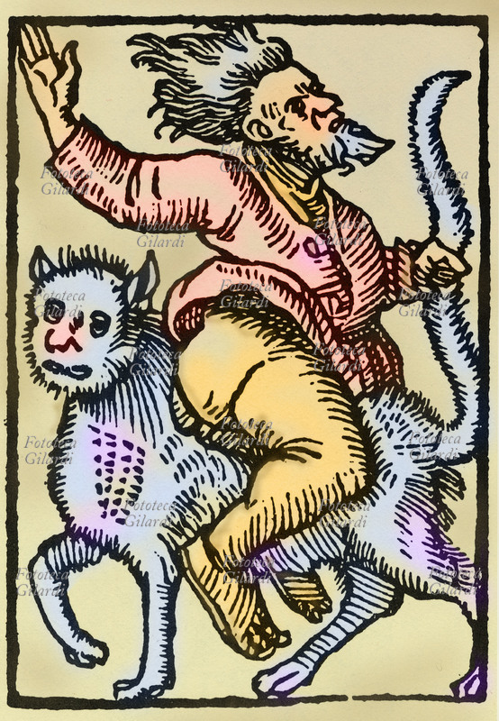 MAGIA Stregone si reca al sabba cavalcando (al contrario) un mostruoso enorme gatto. Xilografia del XVI secolo.