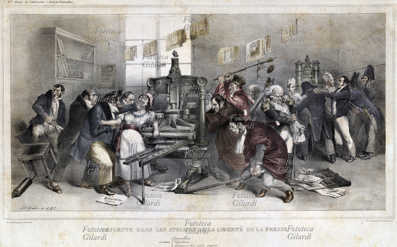 LIBERTÀ DI STAMPA "Descente dans les ateliers de la liberté de la presse" incisione satirica di Grandville (Jean-Ignace-Isidore Gérard, 13 settembre 1803 – 17 marzo 1847) e Auguste Desperet (1804-1865). Luigi Filippo di Francia, accompagnato da Barthe e D\
