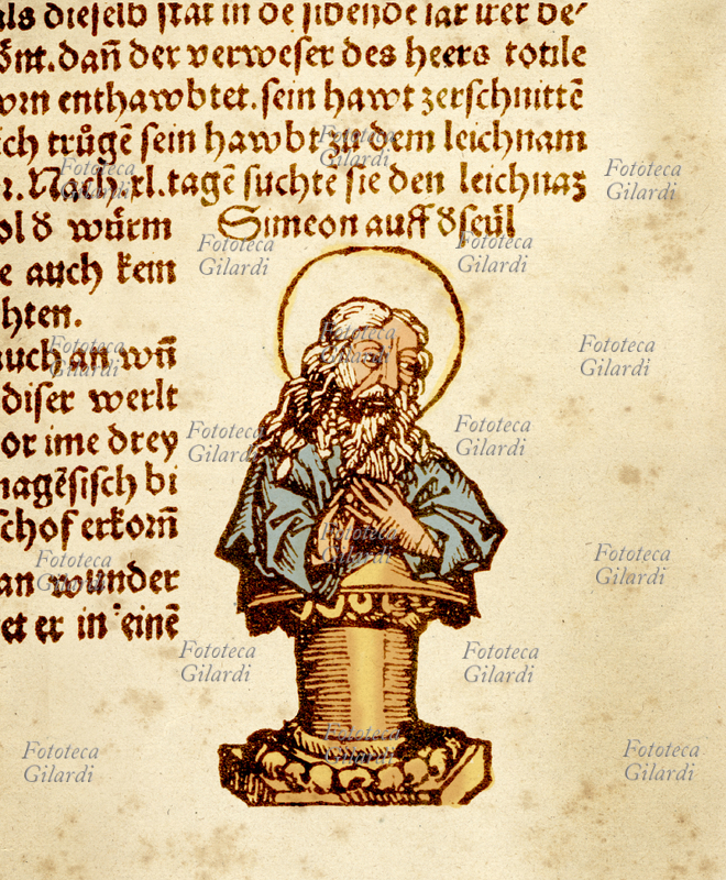 SAN SIMEONE LO STILITA (390 ca. - 2 settembre 459) santo siriano, cristiano, asceta che divenne famoso per essere vissuto per 37 anni su di una piccola piattaforma posta in cima ad una colonna. Altri religiosi dopo di lui seguirono il suo esempio e vennero detti stiliti. Xilografia di Michael Wolgemut (1434 – 30 novembre 1519) e Wilhelm Pleydenwurff (ante 1472 - gennaio 1494) tratta dall\
