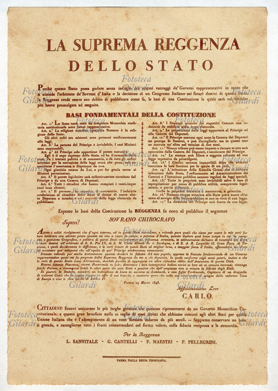 QUARANTOTTO Parma: facsimile del manifesto con cui la Suprema Reggenza annunziava le basi fondamentali della Costituzione. Italia 29 marzo 1848