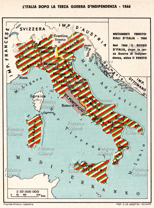 CARTOGRAPHY Italy after the Third War of Independence. The layout of the territorial changes in Italy made with overlapping stitches: in this configuration the table includes the Veneto, after the Treaty of Vienna of 1866. Historical Cartography deals with the volume: "From the resurgence to the empire, historical Atlantis with textual text" by Giovanni De Agostini (August 23, 1863 - November 21, 1941), an Italian geographer and cartographer, founder of the homonymous publishing house, and Giovanni Antonio Monti (1882 - 1953), Director of the Risorgimento Museum and teacher of History of the Risorgimento, University of Milan (see cover in # 39583). Italy, September 1938.
