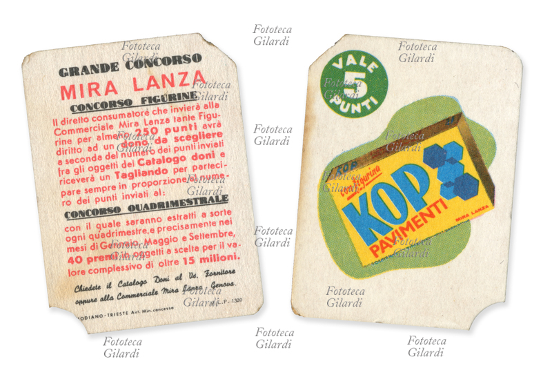 FIGURINE - KOP pavimenti - fronte e retro della figurina da 5 punti della raccolta punti/figurine promozionali della casa produttrice di detergenti Mira Lanza. Italia, 1970 - 1980.