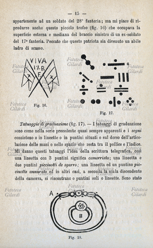 ANTROPOLOGIA CRIMINALE Bandiere reggimentali, combinazioni di punti e linee utilizzati come codice per segnalare il grado degli affiliati della Camorra; disegni eseguiti per rilievo e studio dei tatuaggi su persone pregiudicate. Pagina illustrata da \