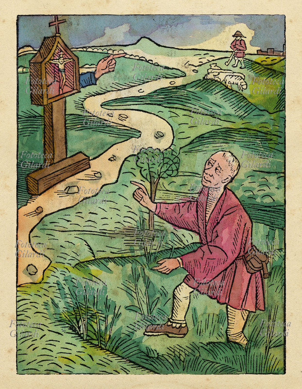 MIDDLE AGES In a country lane a traveler encounters a small altar, a shrine, from which the Divine hand it shows the pilgrimage route. colored woodcut from the late fifteenth century