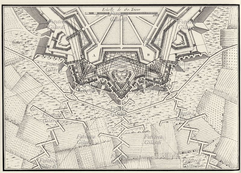ARTE DELLA GUERRA dettaglio della pianta di una fortezza bastionata a stella, con tunnel sotterranei per la difesa dagli assedi. Tavola da Encyclopedie di Diderot, Francia 1763.