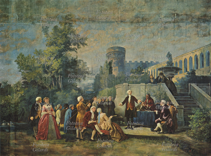 Carlo GOLDONI (25 febbraio 1707 – 6 febbraio 1793) recita un sonetto agli Arcadi Pisani. Stampa preparatoria con decorazione per il Sipario del Teatro Verdi di Pisa dipinto da Annibale Gatti (1827 – 1909), Italia XIX secolo.