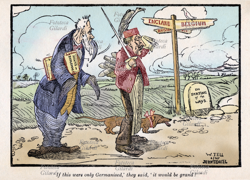 CARICATURA "-If this were only Germanised,-they said,-it would be grand!-". Il Tricheco e il Falegname, con le sembianze di Francesco Giuseppe e Guglielmo II, al quadrivio fra Belgio, Francia, Inghilterra e Russia, si commuovono all\